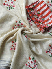 Off White Color Thread Embroidery Work Saree