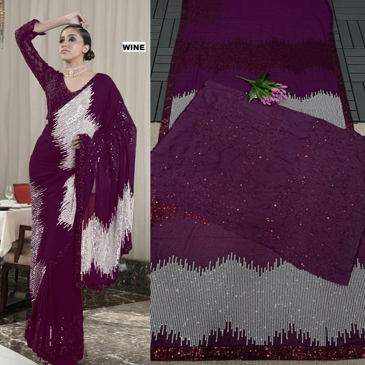 Glorious Georgette Wine Color Saree