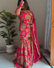 Flattering Embroidery Work Multi Pink Color Sharara Suit