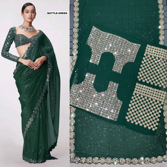 Fantastic Georgette Original Mirror Green Color Saree