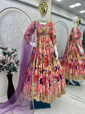 Pretty Multi Color Chinon Silk Embroidery Work Gown