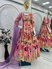 Pretty Multi Color Chinon Silk Embroidery Work Gown