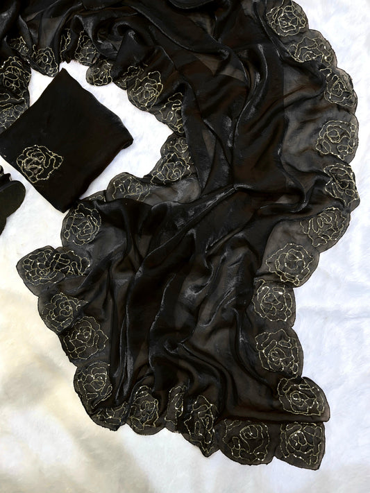 Wedding & Party Wear Beautiful Katdana Handwork Black Color saree