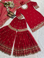 Decent Red Color Embroidery Work Sharara Suit