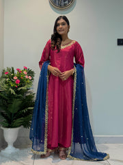 Luxuriant Pink Color Chimar Silk Anarkali Suit
