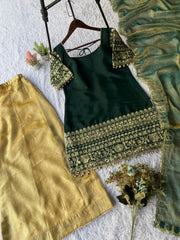 Exclusive Green Roman Silk Sequence Embroidery Sharara Suit