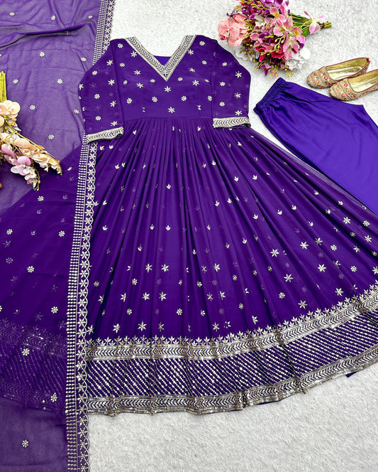 Wonderful Sequence Work Fully Stitched Purple Gown