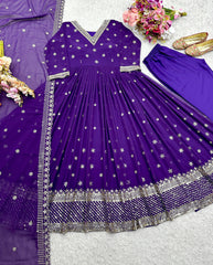 Wonderful Sequence Work Fully Stitched Purple Gown