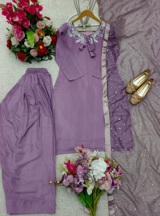 Fantastic Embroidery Work Lavender Color Palazzo Suit