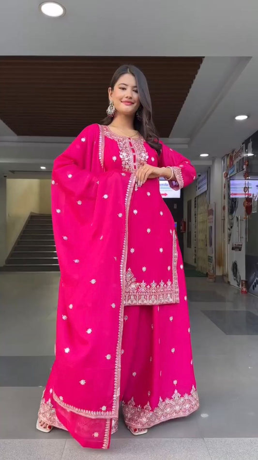 Georgette Pink Color Palazzo Set With Dupatta
