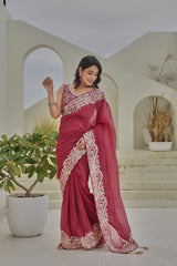Stylish Pink Silver Crunchi Thread Work Saree