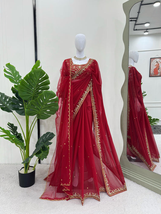 Stylish Work Red Color Drape Double Pallu Saree