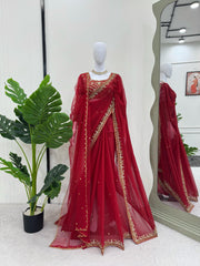 Stylish Work Red Color Drape Double Pallu Saree