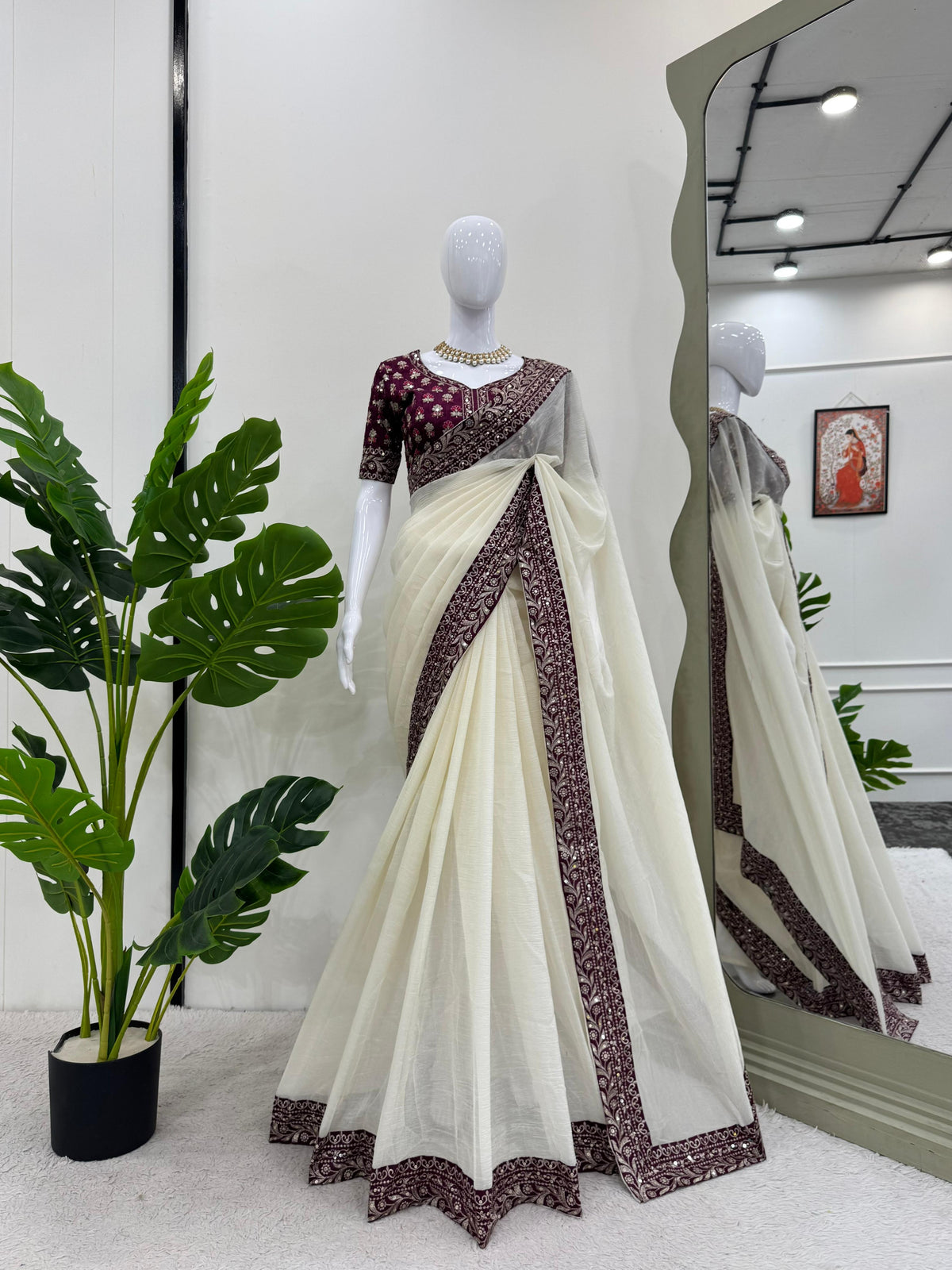 Fantastic Thread With Sequence Work White Color Designer Saree