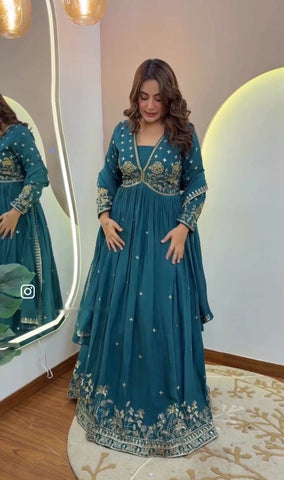 Lovely Teal Green Dola Silk Embroidery Work Gown