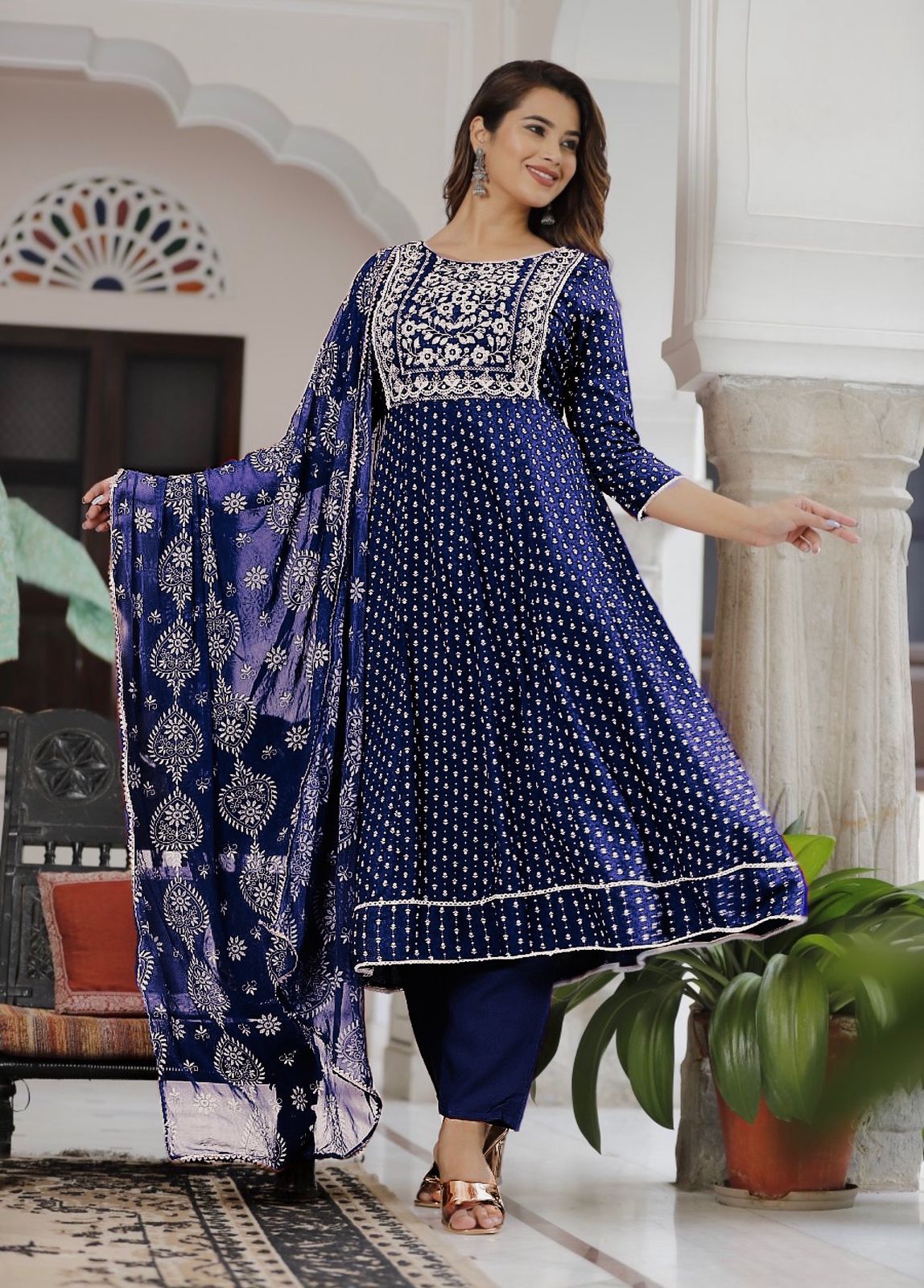 Fantastic Embroidery With Foil Print Navy Blue Color Anarkali Suit