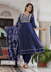 Fantastic Embroidery With Foil Print Navy Blue Color Anarkali Suit
