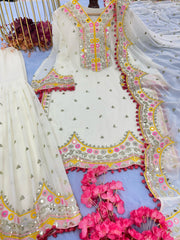Stunning Real Mirror Hand Work White Color Sharara Suit