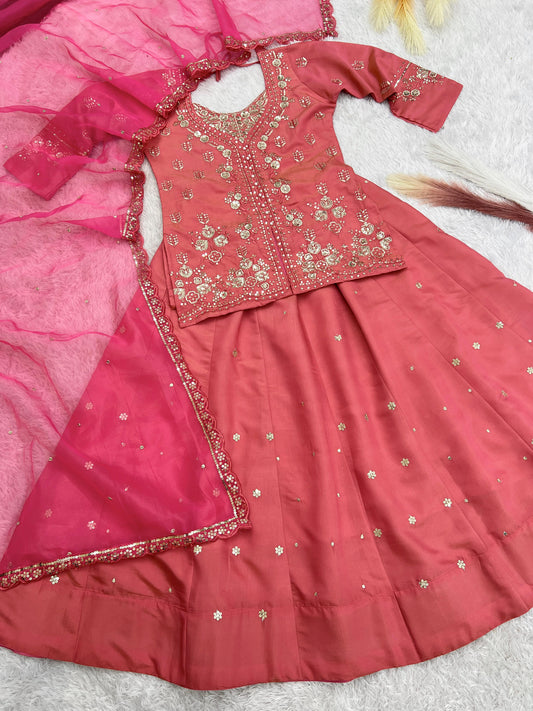 Good Looking Roman Shimmer Silk Peach Color Top With Lehenga