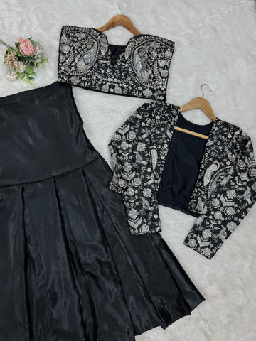 Attractive Tapeta Silk Black Color Lehenga Choli With Koti