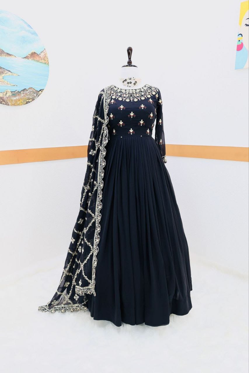 Gorgeous Embroidery Sequence Work Black Color Gown