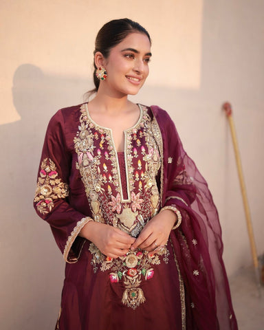 Exclusive Maroon Satin Silk Work Palazzo Suit