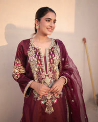 Exclusive Maroon Satin Silk Work Palazzo Suit