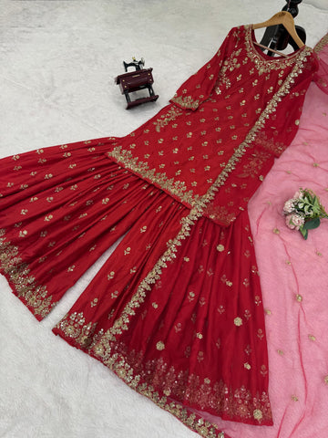 Designer Red Chinon Silk Sequence Work Sharara Suit