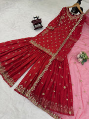Designer Red Chinon Silk Sequence Work Sharara Suit