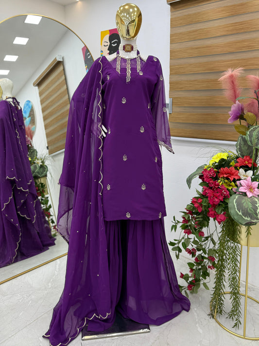 Round Neck Purple Color Stylish Palazzo Suit