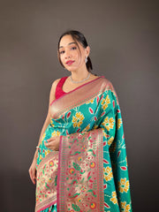 Gorgeous Silk Patola Weaving Teal Blue Color Saree