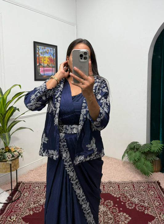 Wonderful Embroidery Work Navy Blue Color Saree With Koti