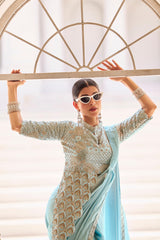 Glossy Embroidery Work Sky Blue Color Ready To Wear Saree