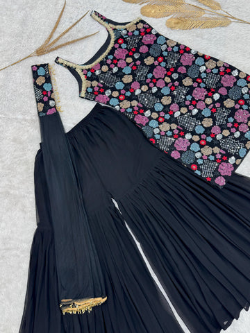 Pretty Black Georgette Sequence Work Sharara Suit
