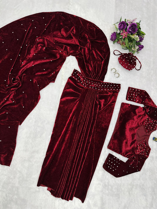 Superhit Maroon Color Moti Work Lehenga Saree