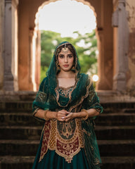 Traditional Wear Heavy Work Green Color Top With Lehenga