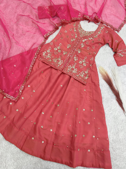 Good Looking Roman Shimmer Silk Peach Color Top With Lehenga