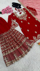 Elegant Embroidery Work Red Color Sharara Suit