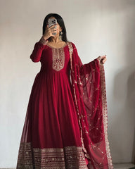 Outstanding Embroidery Sequence Work Red Color Gown