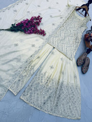 Admiring White Natural Crap Embroidery Sequence Sharara Suit