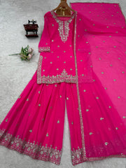 Georgette Pink Color Palazzo Set With Dupatta