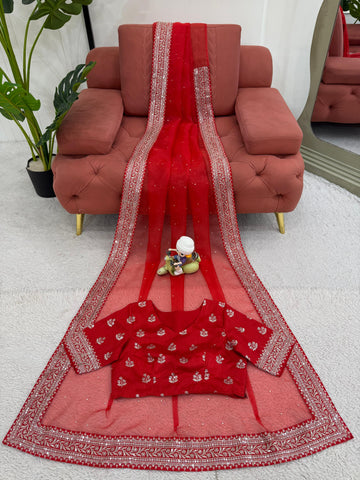 Diamond Work Red Color Silk Saree
