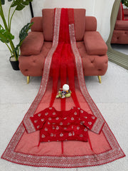 Diamond Work Red Color Silk Saree