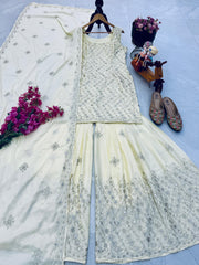 Admiring White Natural Crap Embroidery Sequence Sharara Suit