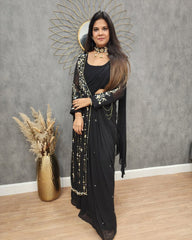 Fantastic Embroidery Work Black Color Lehenga Saree With Shurg