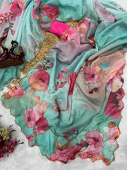 Lovely Sky Blue Tabby Silk Work Saree