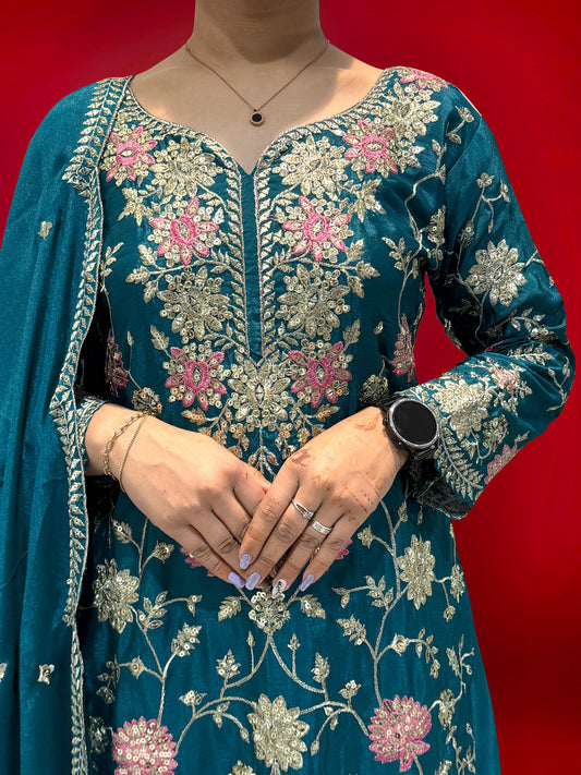 Wonderful Sequence Haldi Wear Teal Blue Color Sharara Suit