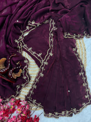 Function Wear Pearls Handwork Wine Color Designer Saree