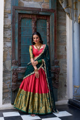 Wonderful Zari Weaving Work Red & Green Color Lehenga Choli