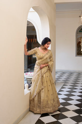 Designer Gold Crush Beige Color Lehenga